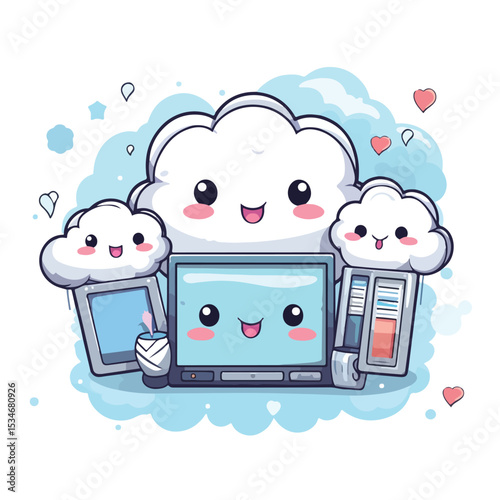 Cute Kawaii Cartoon Vector Illustration of Cloud Computing Technology for Creative Designs