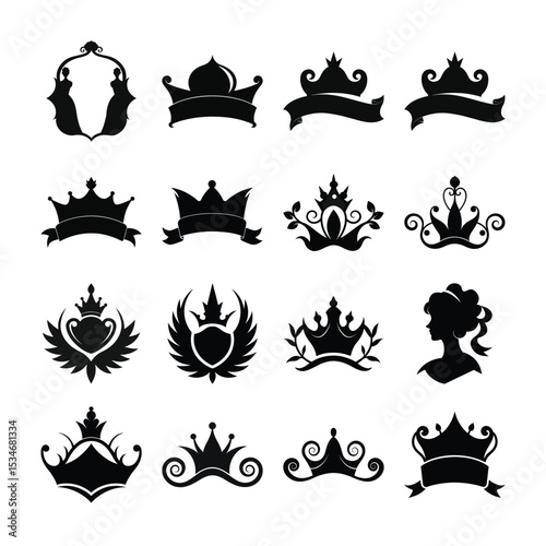 Elegant Collection of Black Silhouette Crown and Emblem Designs Showcasing Royalty, Nobility and Classic Design Elements for Diverse Creative Projects