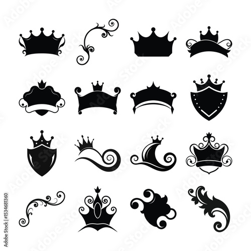 Elegant Vector Silhouettes Crowns Flourishes and Shields Design Elements for Creating Luxurious Emblems Logos and Decorative Accents