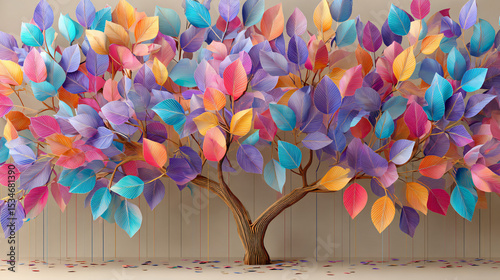 Fototapeta Naklejka Na Ścianę i Meble -  Colorful tree with leaves on hanging branches illustration background. 3d abstraction wallpaper . Floral tree with multicolor leaves