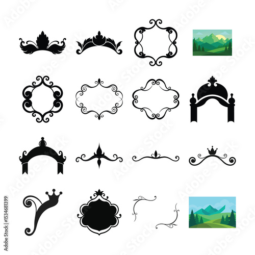 Elegant Ornament and Landscape Variety Black Decorative Ornaments Frames Borders and Scenic Mountain Views in Vector Format Presentation