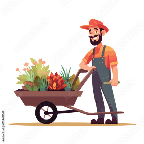 Professional Gardener Man with Wheelbarrow Character Vector Illustration
