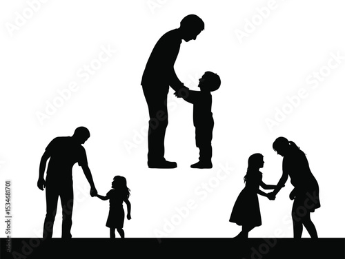 Vector silhouette of mother and father playing with children. Collection of children playing with their parents