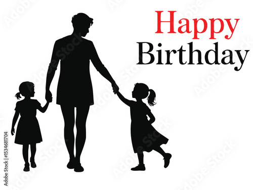 mother walking with her daughters outdoors family vector silhouette on white background, birthdays concept
