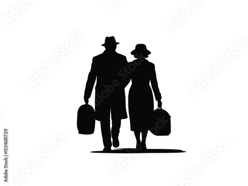 silhouette of old man and woman walking with suitcases, old couple strolling on white background