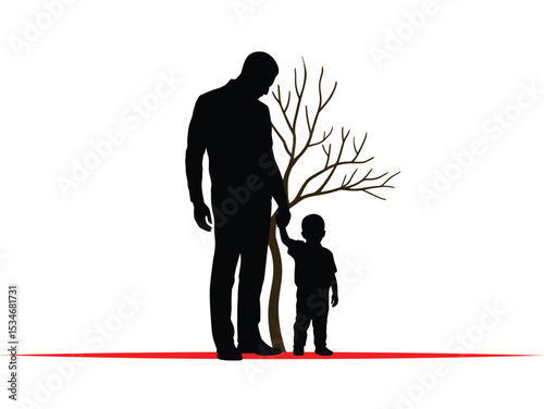 A silhouette of father holding his son's hand, vector illustration on white background