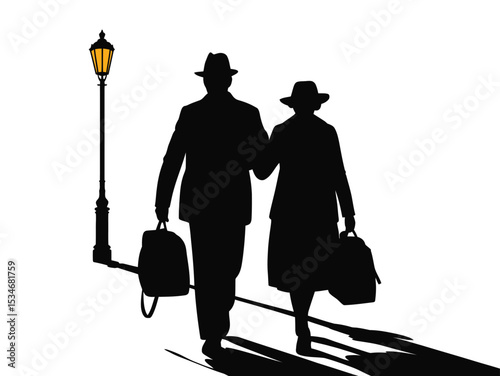 A man and a woman are walking down the street. The man is carrying a suitcase and the woman is carrying a bag, silhouette of an old couple
