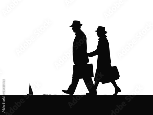 Couple in love walking silhouette holding hands elderly people together. silhouette of a couple