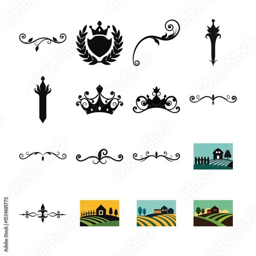 Assorted Decorative Elements Crown Laurel and Illustrated Countryside Landscapes Farmhouses Trees and Fences for Graphic Projects