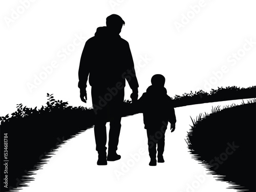 silhouette of father walking together with his son more data