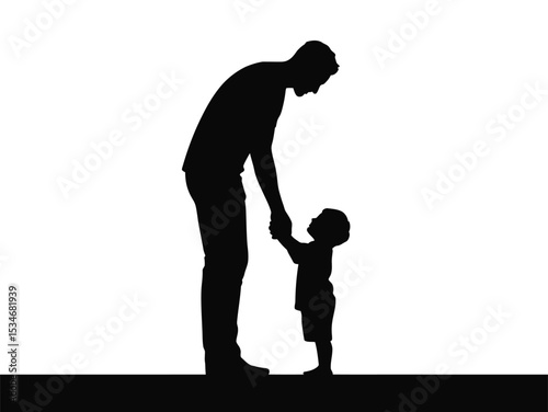 Silhouette of a father standing apart and holding his son. Father and son. Vector silhouette isolated on white background, illustration for Father's Day