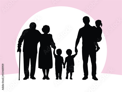 Silhouette of a multigenerational family hugging and holding hands, spanning generations, vector concept of love