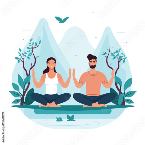 Outdoor Yoga Practice with Happy Woman and Man on White Background