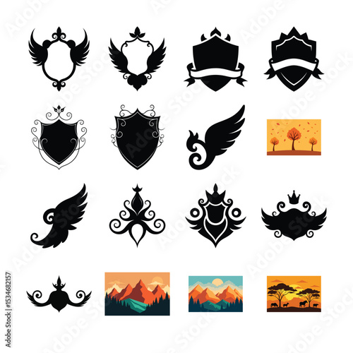 Collection of Heraldic Crests, Winged Emblems, and Scenic Landscape Illustrations for Design and Decoration Projects Resources and Graphic Art