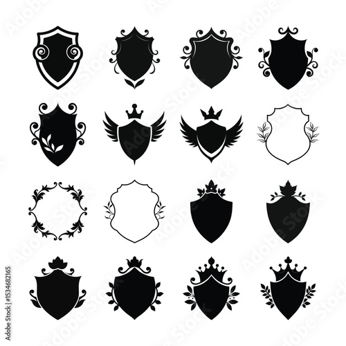 Collection of Heraldic Shields and Decorative Crests for Logo Design and Branding Purposes Embodying Royalty and Tradition