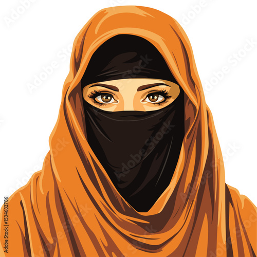 Muslim Woman with Orange Burqa Vector Illustration for Professional Projects
