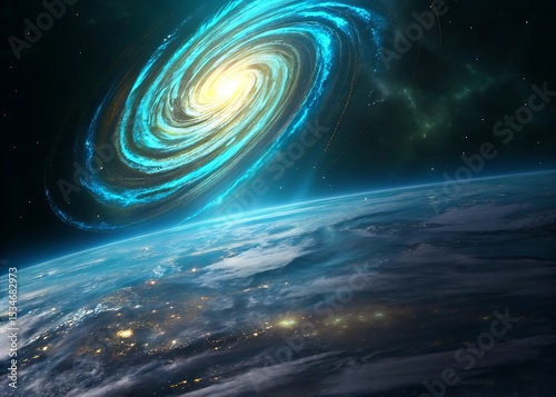 A view of a spiral galaxy above earth with city lights visible through the clouds