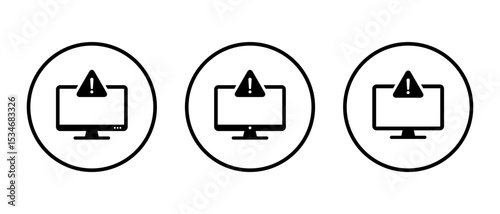 Warning sign on computer icon on circle line. Digital security warning sign. Malware and virus alert symbol