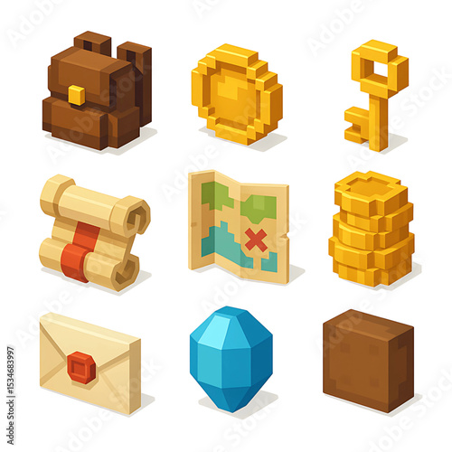 Voxel Style Inventory Icons Set – Pixel Art Game Assets on White Background
