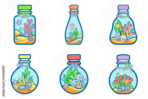 Cute Sea Life in Bottles Icons ,Cartoon Ocean Animals and Coral in Jars, Cartoon Sea Creatures in Decorative Bottles ,Underwater Icon Pack. Aquatic Life in Jars ,Adorable Ocean Themed Illustration	