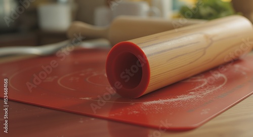Rolling Pin on a Red Baking Mat, Ready for Dough