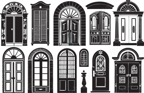 This collection of black and white images showcases various door designs, ranging from simple outlines to more detailed illustrations with paneling and handles.