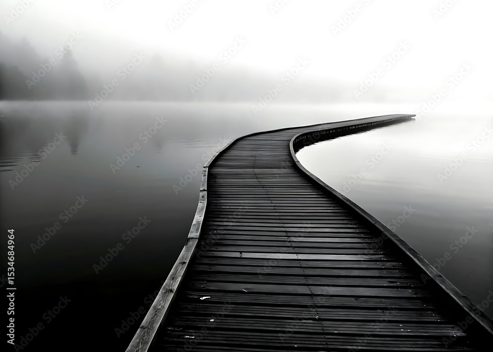 Fototapeta premium A wooden boardwalk curves over calm water disappearing into the misty horizon line