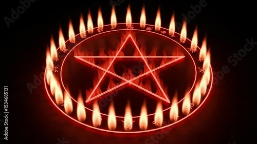 Neon Pentagram Symbol with Fiery Effect and Mystical Elements