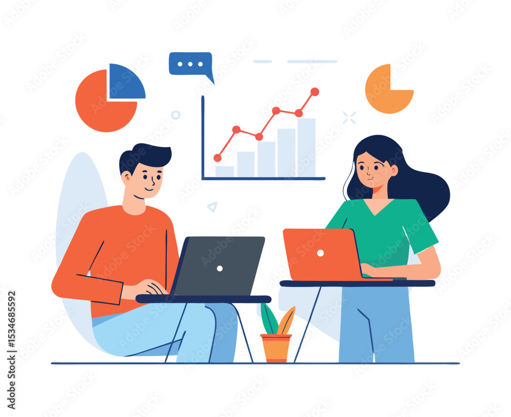 Two characters doing computer work with diagrams and graphs for Business Strategy vector illustration flat design and white background Two characters doing computer work with diagrams and graphs for Business Strategy vector illustration flat design and white background