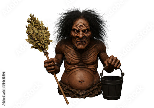 A grotesque sauna spirit with a gnarled face holds a broom and bucket against a black background