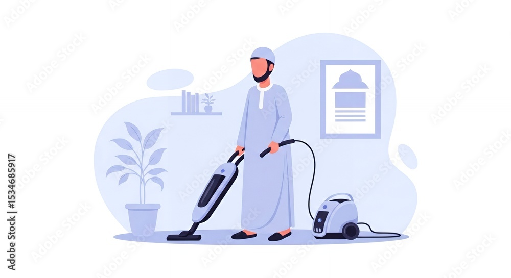 Obraz premium Man in Traditional Clothing Vacuuming Modern Home