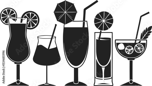 This collection of black and white images features various illustrations of beverages in different types of glasses and cups, some including ice cubes or straws.