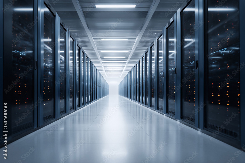 Fototapeta premium Futuristic server room. Data center with endless rows of illuminated server racks. Represents technology, connectivity, processing, information, security.
