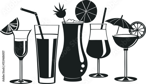 This collection of black and white images features various illustrations of beverages in different types of glasses and cups, some including ice cubes or straws.