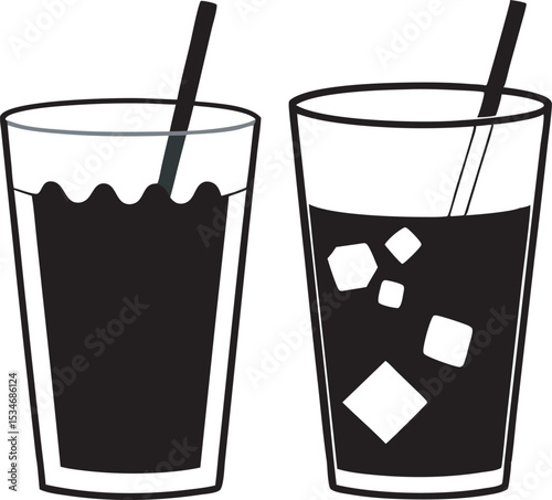 This collection of black and white images features various illustrations of beverages in different types of glasses and cups, some including ice cubes or straws.