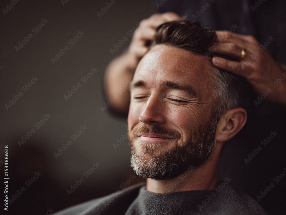 Obraz premium Relaxed man enjoying a soothing head massage. Eyes closed, serene expression. Perfect for wellness, grooming, selfcare, or lifestyle concepts. Soft, natural light.