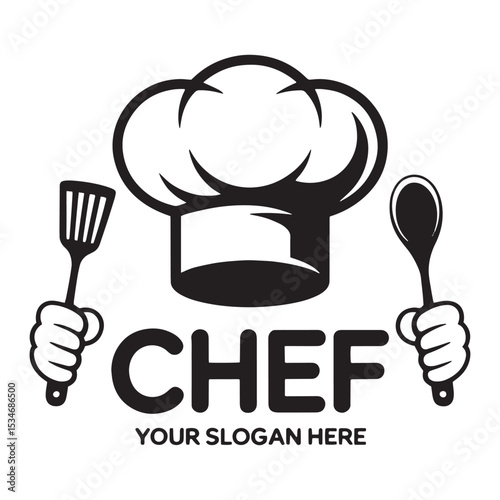 Chef Logo Design: A minimalist chef hat logo design featuring a chef's hat, spatula, and spoon, symbolizing culinary expertise and delicious food.  Perfect for restaurants, food blogs.