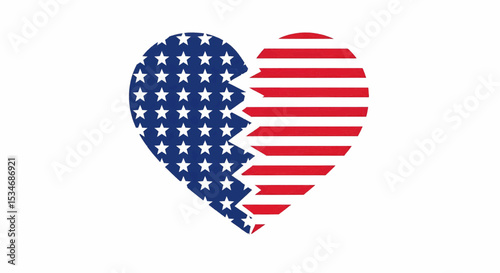 A torn heart shape with a wavy white line. The left side is blue with white stars, while the right side has red and white lines. All are finely detailed and suitable for vector use.