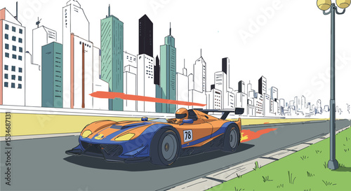 Racing car on urban street with cityscape skyline and streetlight vector illustration 