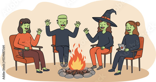 Group of Halloween witches and monster sitting around campfire enjoying spooky night outdoors vector illustration 