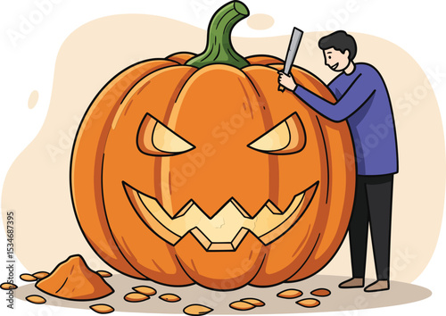 Halloween pumpkin carving with man creating spooky jack-o-lantern smiling face vector illustration 