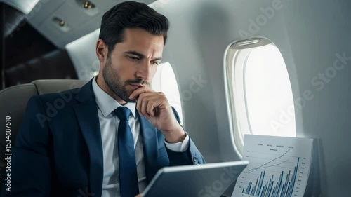 Businessman Using Tablet for Work in Luxury Airplane Cabin