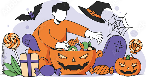 Halloween pumpkin bucket filled with candies and person in witch hat collecting treats spooky vector illustration 