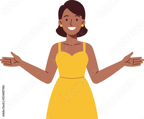 Woman in yellow dress smiling with open arms welcoming gesture vector illustration 