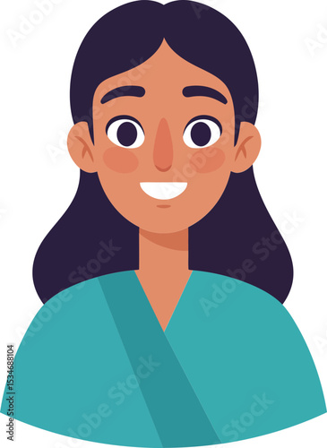 Smiling young woman with long dark hair wearing teal shirt vector illustration for avatar or profile design 