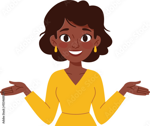 Woman smiling with open hands in yellow top vector illustration for positive communication and friendliness 