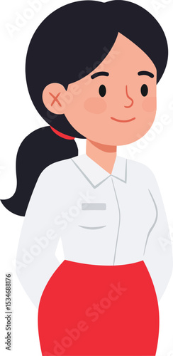 Woman in white shirt and red skirt vector illustration with dark hair and ponytail hairstyle standing calmly 