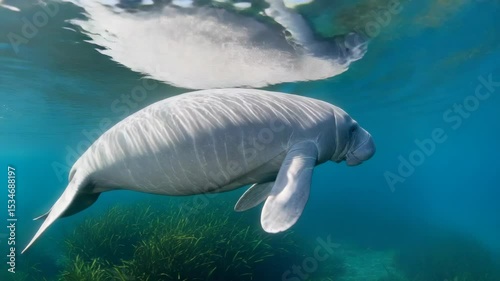 Gentle Manatee Swimming Gracefully in Sunlit Underwater Habitat