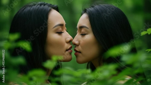 Serene Moment Between Two Women in Lush Green Forest Setting