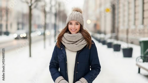 Young woman smiling warmly in winter clothing on snowy street